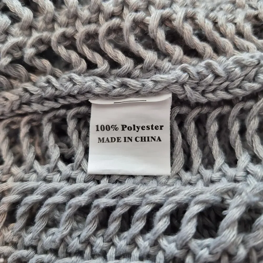 Miss Sparkling Sweater Grey Open Knit Crochet Crop Long Sleeve Women's Size S
